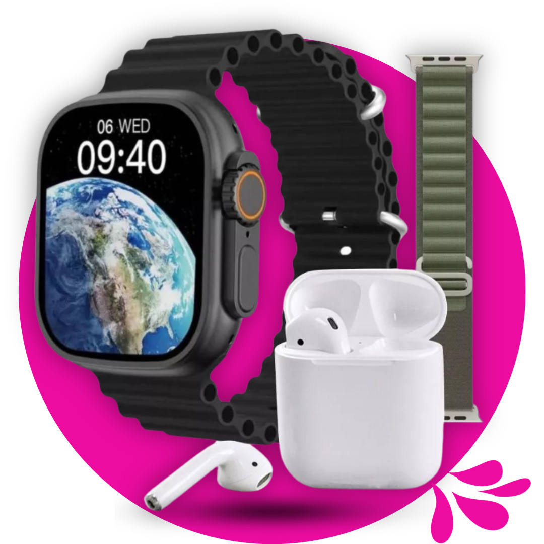 Combo Navidad: Smartwatch Ultra + audífonos Bluetooth + 7 correas