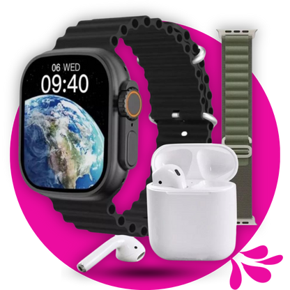 Combo Navidad: Smartwatch Ultra + audífonos Bluetooth + 7 correas