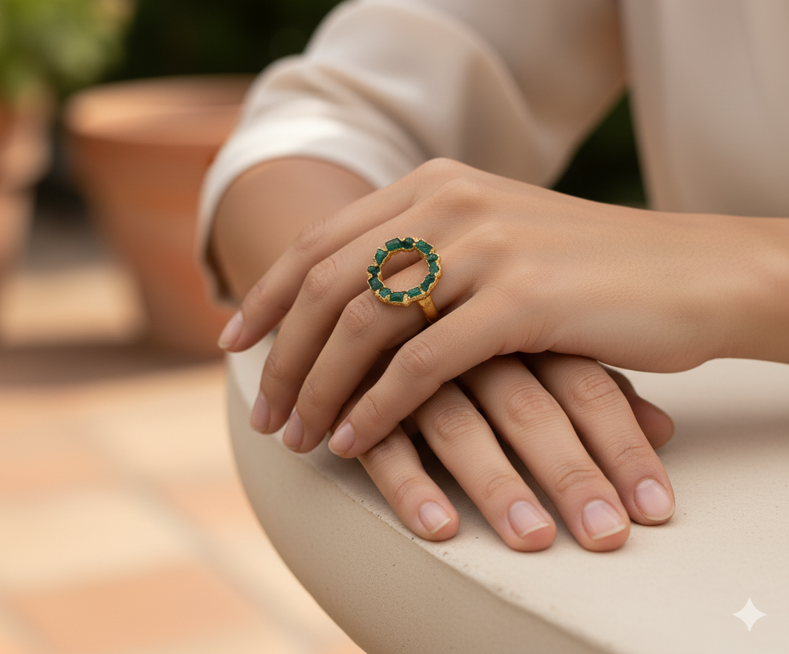 Exclusivo anillo de esmeraldas en bruto y baño en oro de 24 quilates