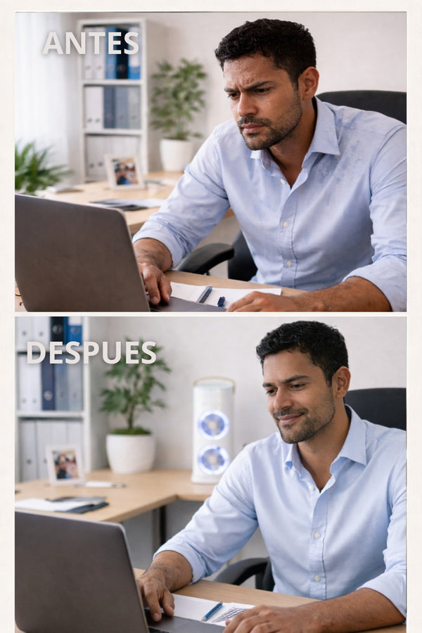 Antes: Trabajar incómodo por el calor ------------ Después: Espacio de trabajo fresco y agradable