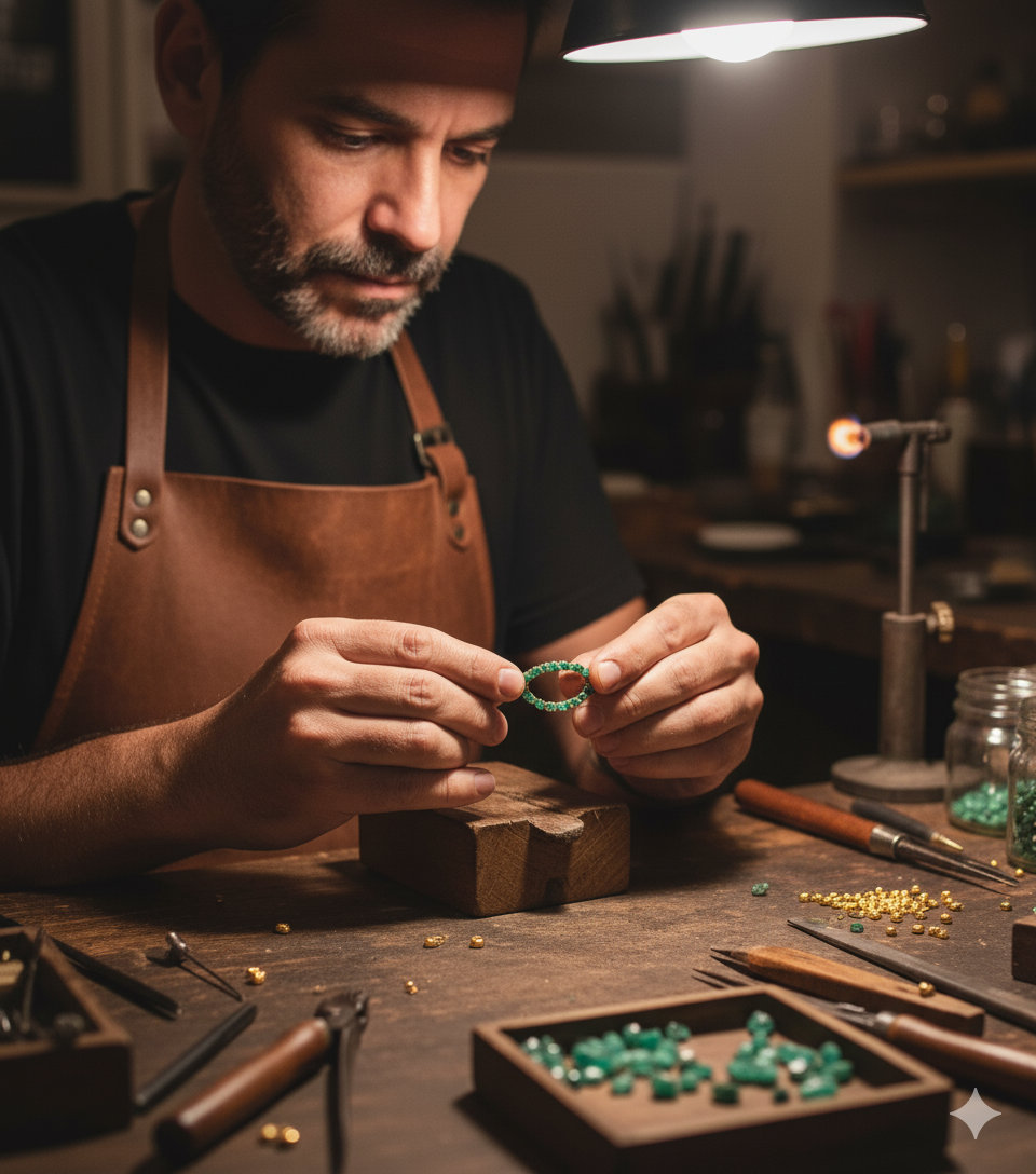 Exclusivo anillo de esmeraldas en bruto y baño en oro de 24 quilates