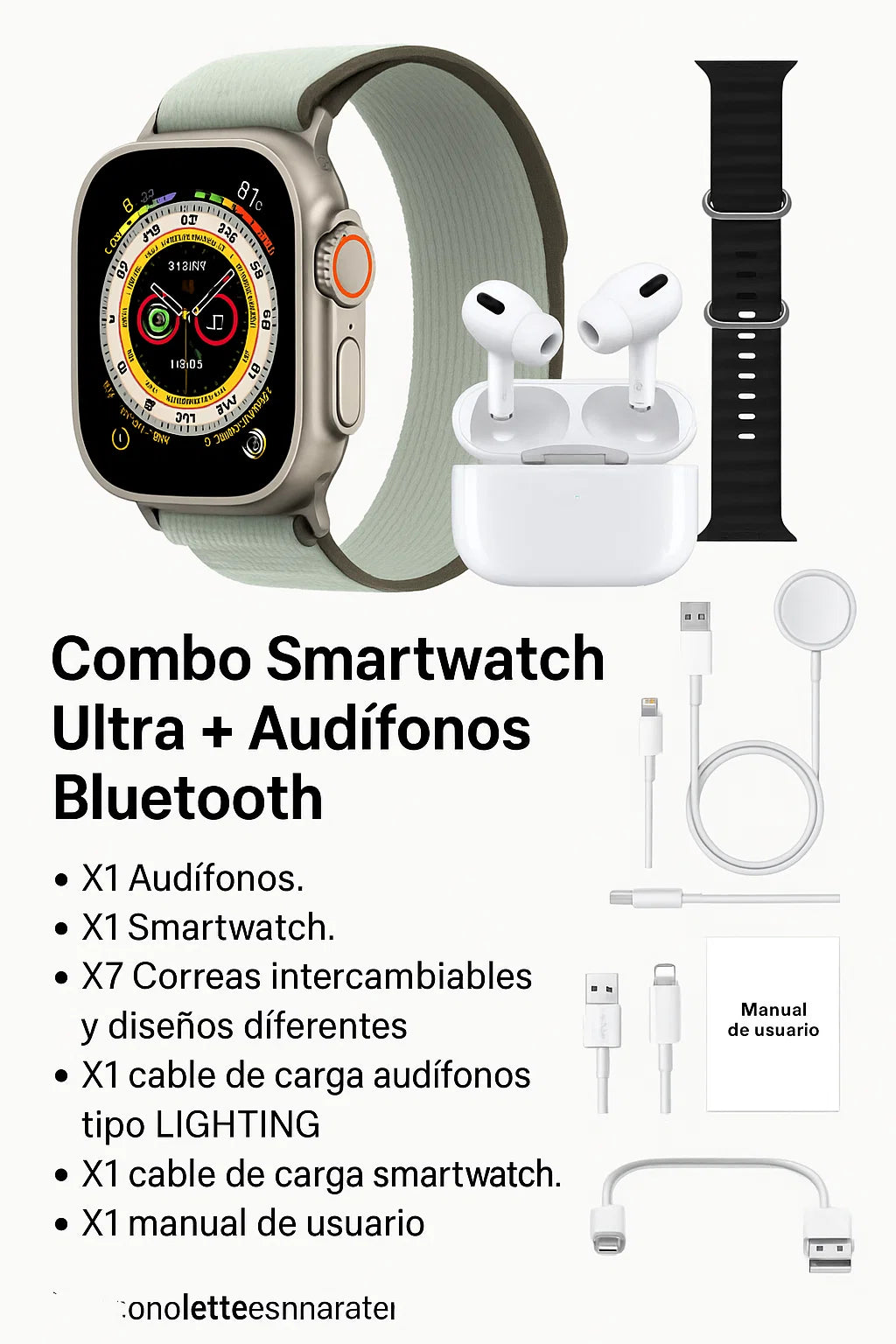 Combo Navidad: Smartwatch Ultra + audífonos Bluetooth + 7 correas